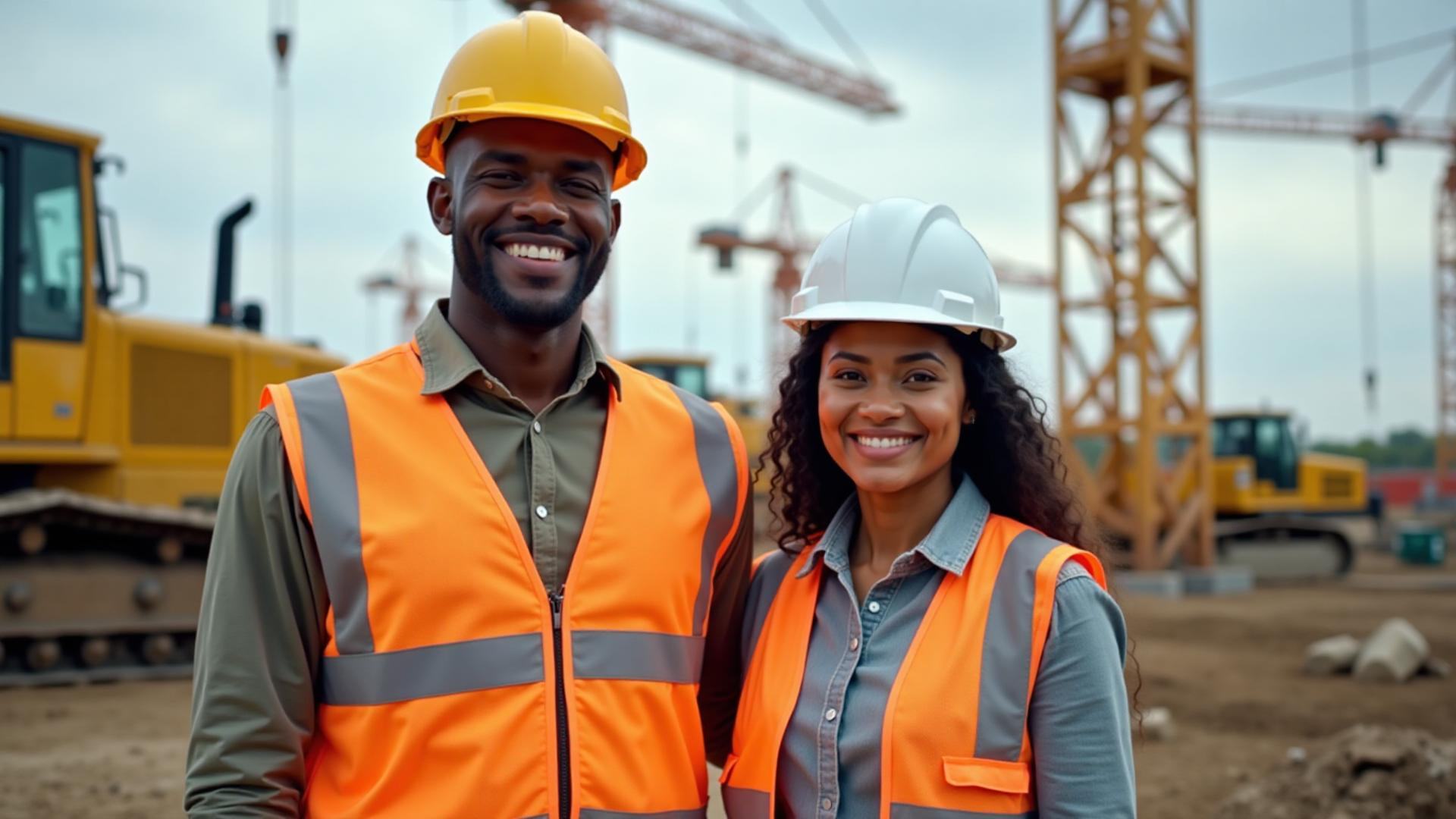 Construction site with diverse workers and heavy machinery